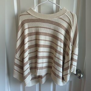 Anthropologie Cream and Brown Striped Crewneck Sweater